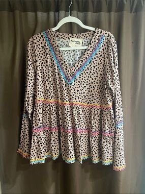 Savanna Jane Pink Leopard Print V-Neck Tiered Peplum Top with Multicolor Trim
